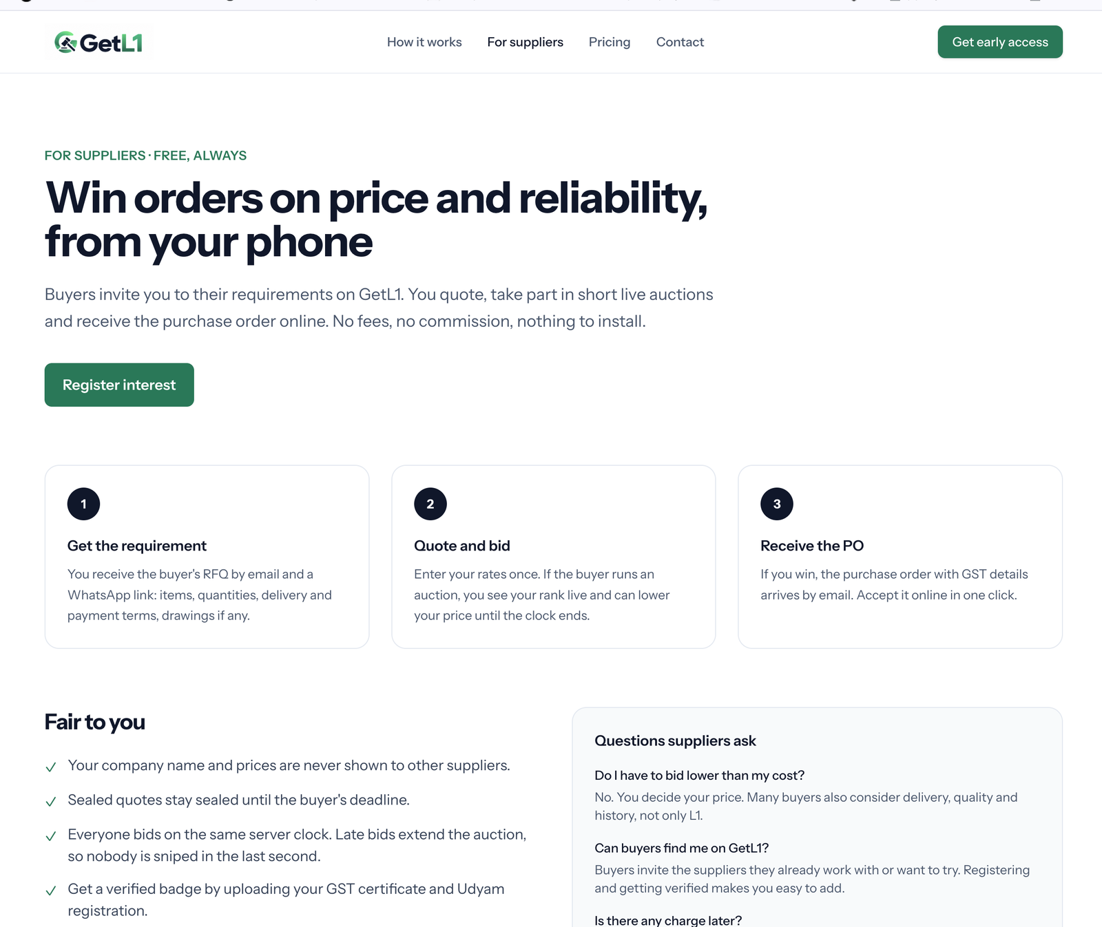 Screenshot of GetL1: Reverse Auction & Procurement SaaS