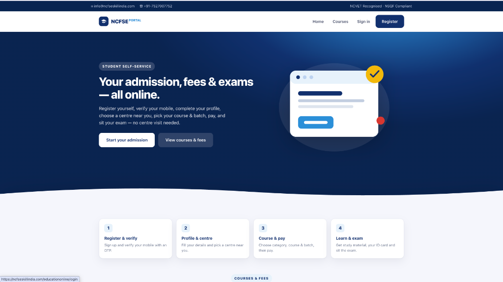 Screenshot of NCFSE — Student Self-Service & Admission Portal